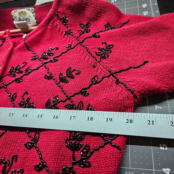 Vintage Tiara Cardigan Womens Large 90s Red Floral Beaded Holiday Party Glam - Picture 8 of 9